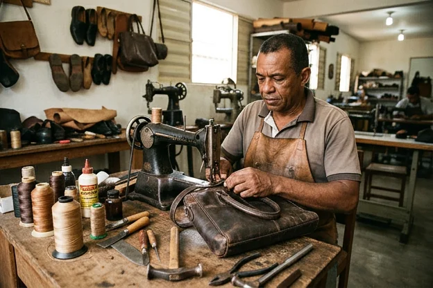 Sapateiro reformando uma bolsa de couro.