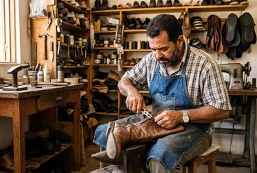 Sapateiro consertando o zíper de uma bota.