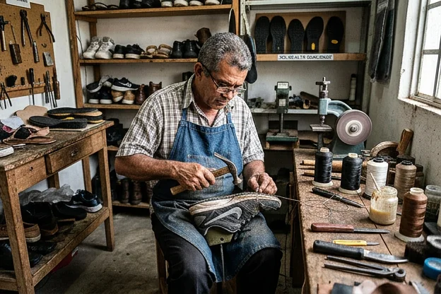 Sapateiro reparando um tênis.
